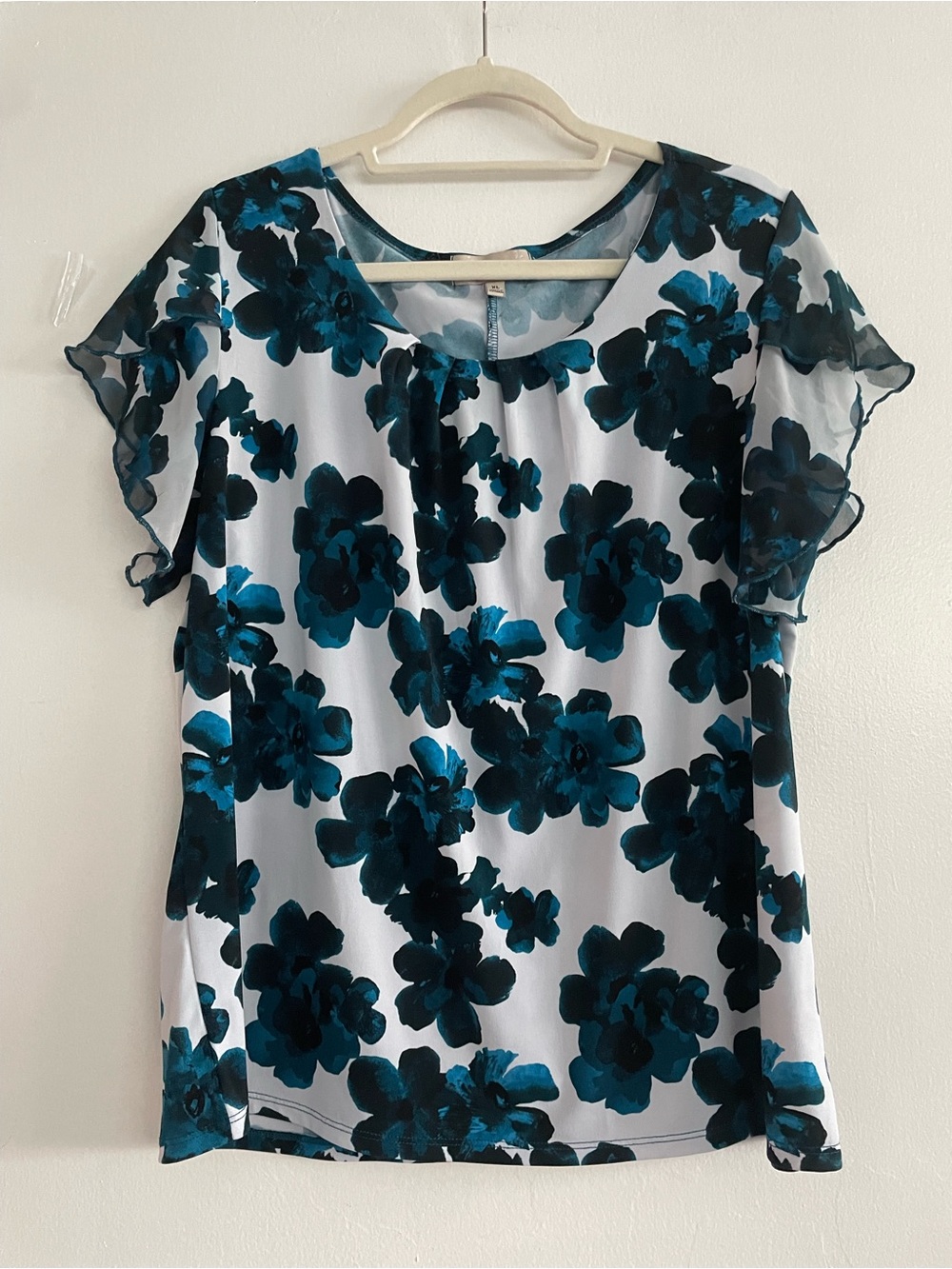 Diana Belle XL Floral Teal Black Shear Flutter Sleeves Blouse